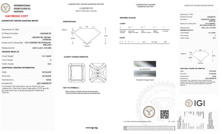 IGI-zertifizierter 1,91-Karat-Labordiamant im Radiantschliff (H-Farbe, VS2-Reinheit)