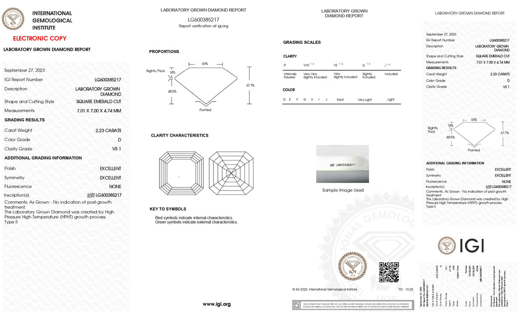 IGI-zertifizierter, im Labor gezüchteter Diamant im quadratischen Smaragdschliff von 2,23 Karat – Reinheit VS1, Farbe D