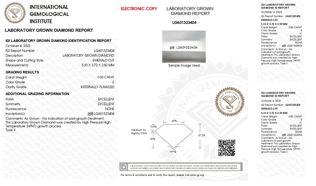 IGI Certifié 0,50 CT Emerald Cut Lab Grown Diamond - E Couleur, sans faille en interne