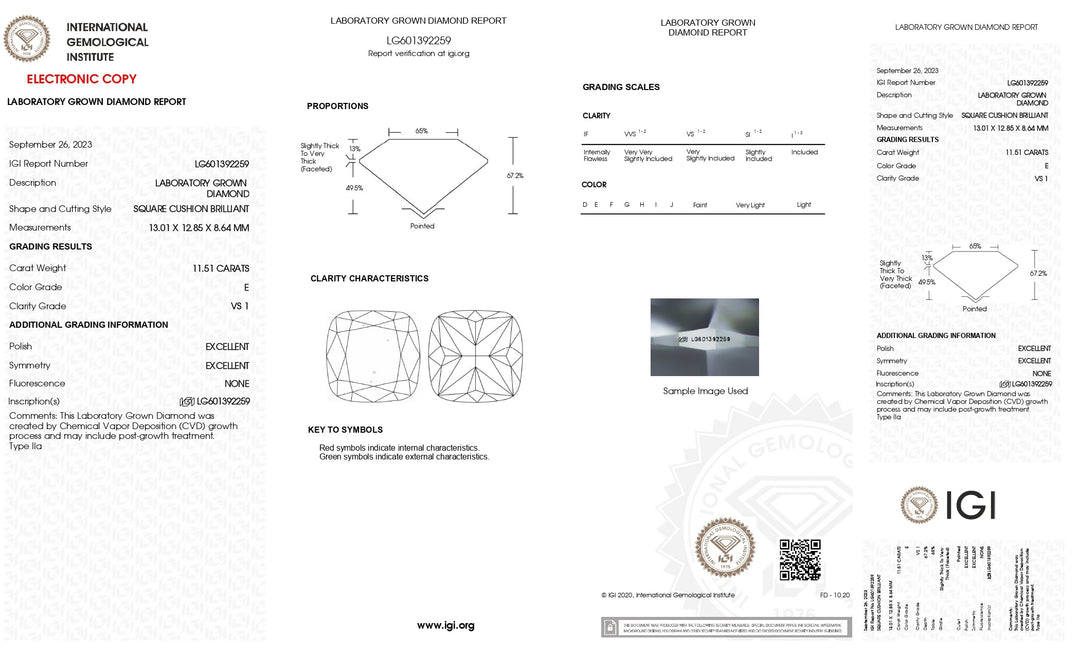 IGI Certified 11.51 CT Cushion Brilliant Cut Lab-Grown Diamond - VS2 Clarity, E Color