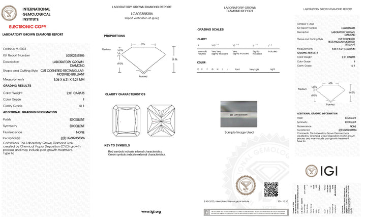 IGI-zertifizierter 2,01 Karat schwerer, im Radiantschliff gefertigter Labordiamant, Farbe F, Reinheit SI1