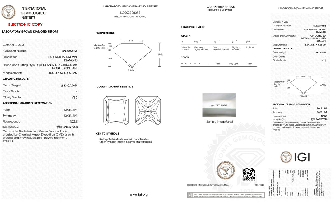 IGI Certified 2.33 CT Radiant Cut Lab-Grown Diamond - H Color, VS2 Clarity