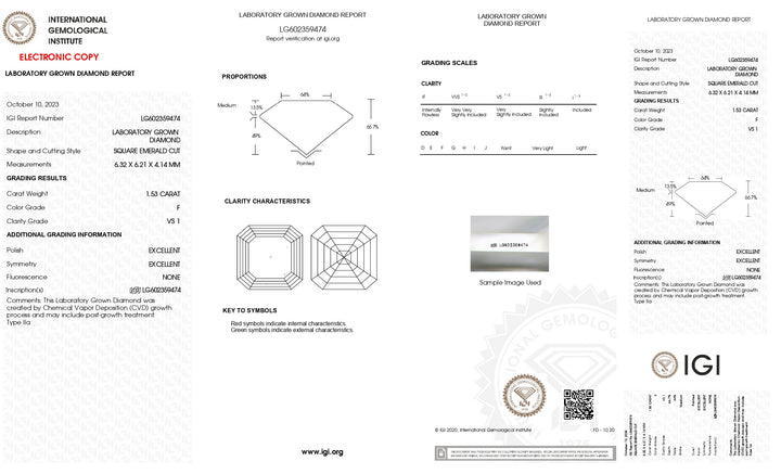 IGI-zertifizierter, im Labor gezüchteter Diamant im quadratischen Smaragdschliff von 1,53 Karat – Reinheit VS1, Farbe F