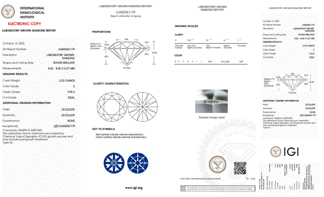 IGI-zertifizierter, runder, im Labor gezüchteter Diamant mit 2,33 Karat – Farbe E, Reinheit VVS2, idealer Schliff