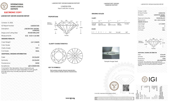 IGI-zertifizierter, im Labor gezüchteter Diamant im Rundschliff, 2,41 Karat, VVS1-Klarheit, E-Farbe