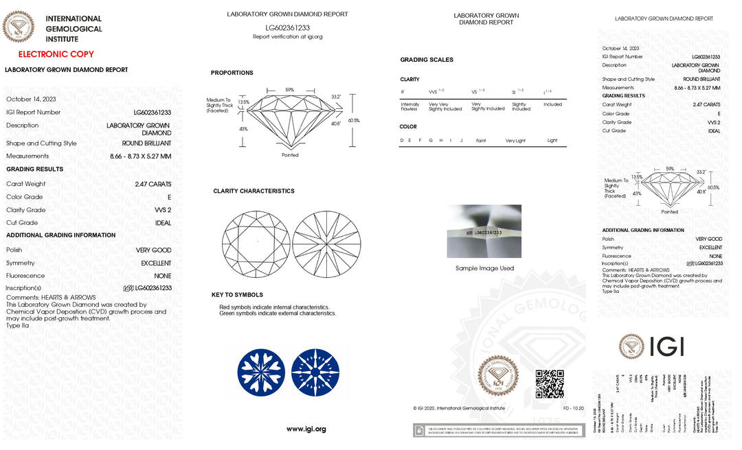 Diamant rond cultivé en laboratoire certifié IGI de 2,47 ct - Couleur E, pureté VVS2, taille idéale