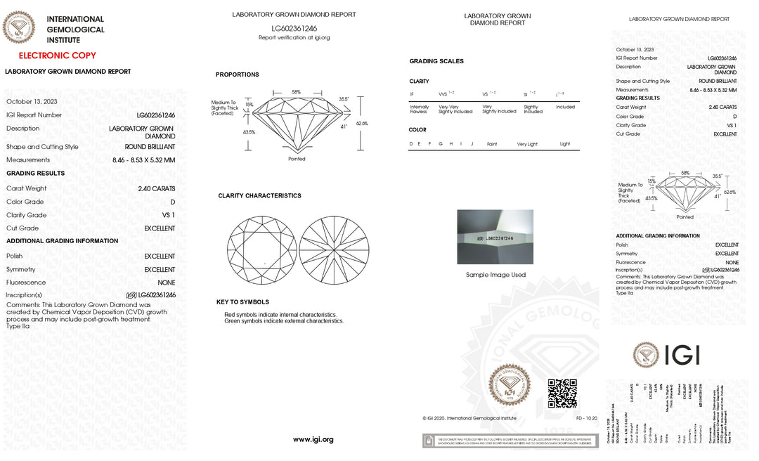 IGI Certified 2.40 CT Round Cut Lab-Grown Diamond - VS1 Clarity, D Color