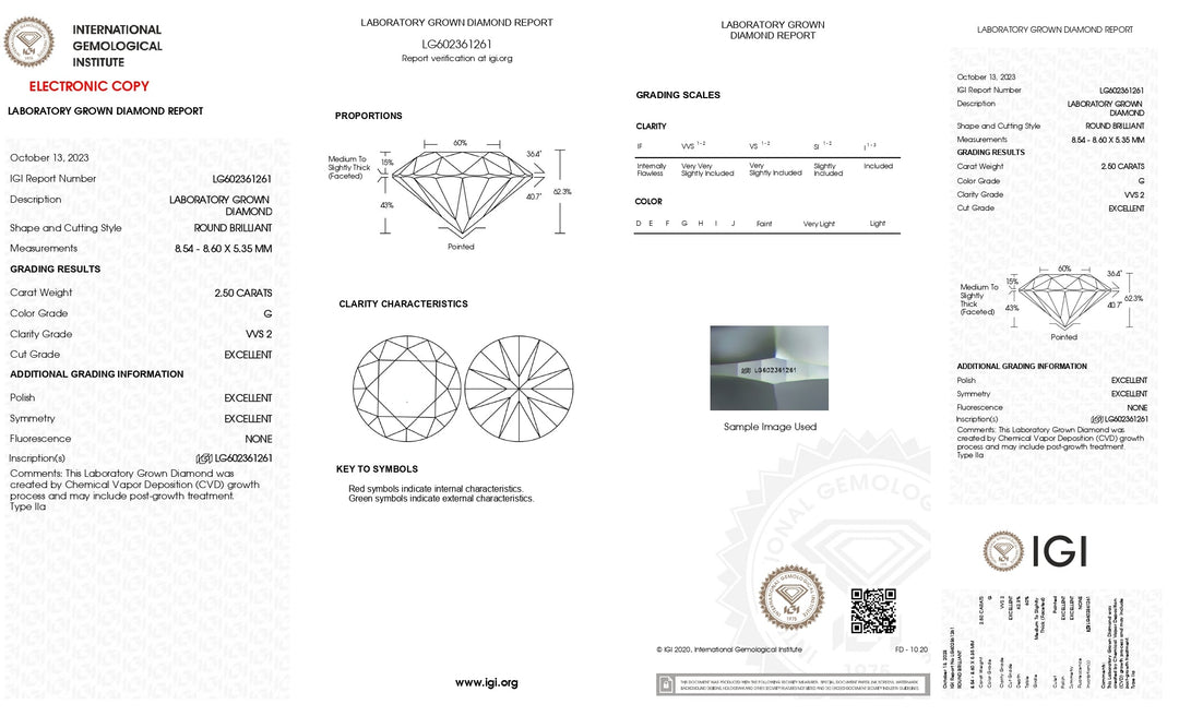 Diamant taille ronde cultivé en laboratoire de 2,50 ct certifié IGI - Couleur G, clarté VVS2