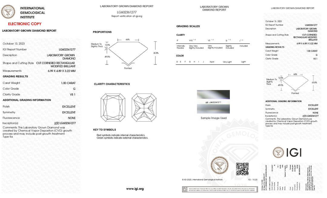 Diamant cultivé en laboratoire certifié IGI 1,00 CT taille radiante | Clarté VS1 | Couleur G