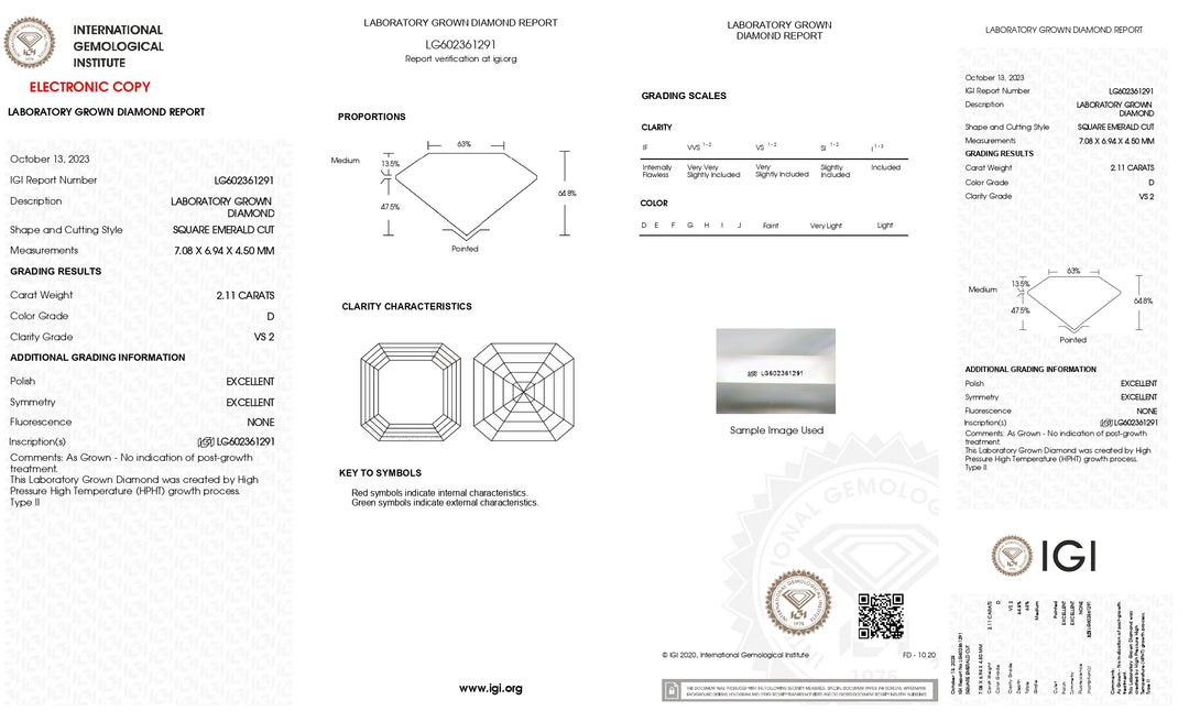 IGI-zertifizierter, im Labor gezüchteter Diamant im quadratischen Smaragdschliff von 2,11 Karat – Reinheit VS2, Farbe D