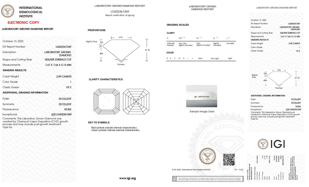 IGI-zertifizierter, im Labor gezüchteter Diamant im quadratischen Smaragdschliff von 2,89 Karat, Farbe I, Reinheit VS2