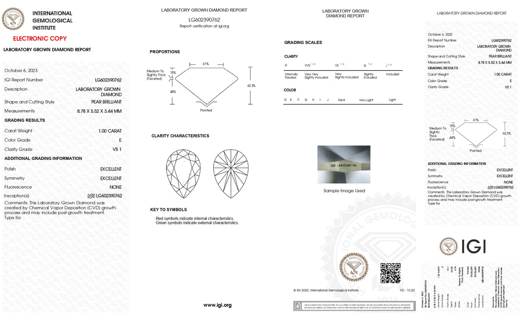 IGI-zertifizierter 1,00 Karat schwerer, im Birnenschliff gefertigter Labordiamant | Reinheit VS1 | Farbe E 