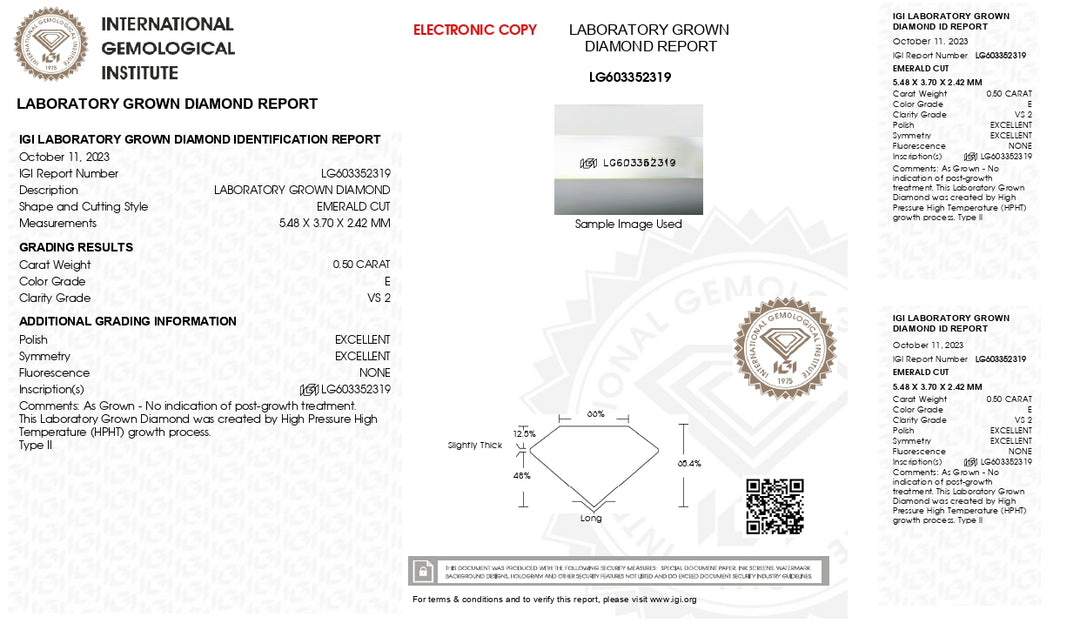 IGI gecertificeerd 0,50 ct Emerald Cut Lab Gegroeide diamant - e kleur, vs2 duidelijkheid