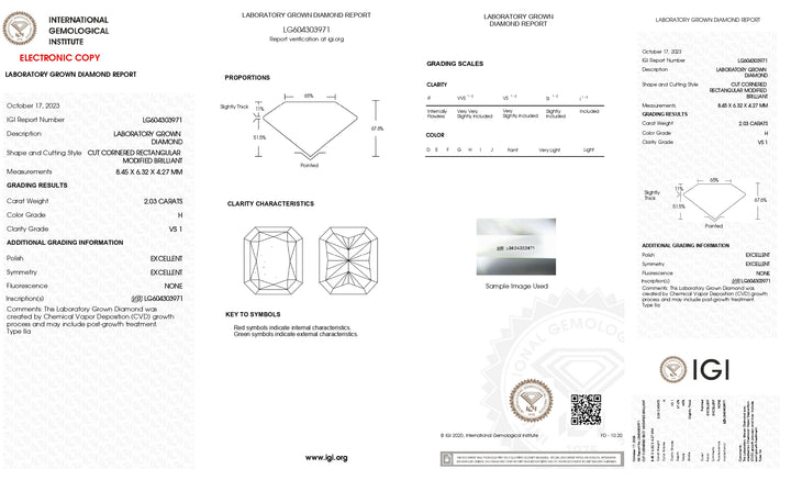 IGI-zertifizierter 2,03 Karat schwerer, im Radiantschliff gefertigter Labordiamant, Reinheit VS1, Farbe H