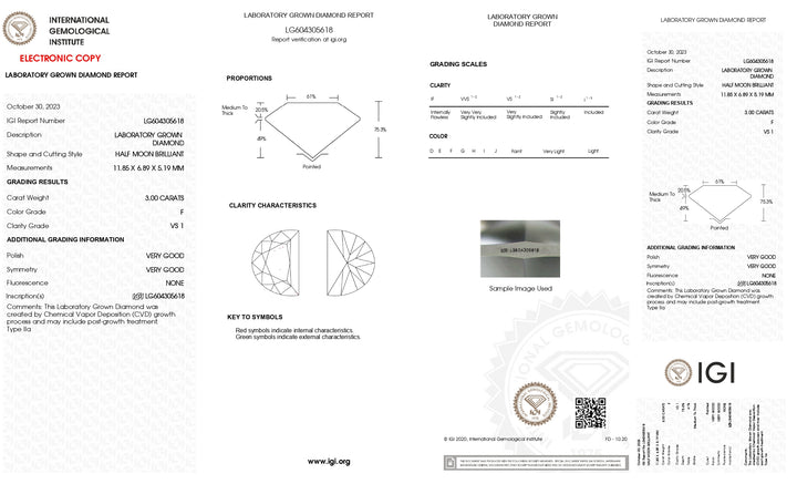 Diamant cultivé en laboratoire, taille demi-lune, 3,00 ct certifié IGI : couleur F, clarté VS1