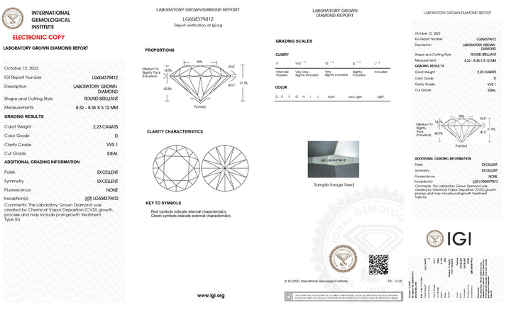 IGI-zertifizierter, im Labor gezüchteter Diamant im Rundschliff, 2,23 Karat, VVS1-Klarheit, Farbe D