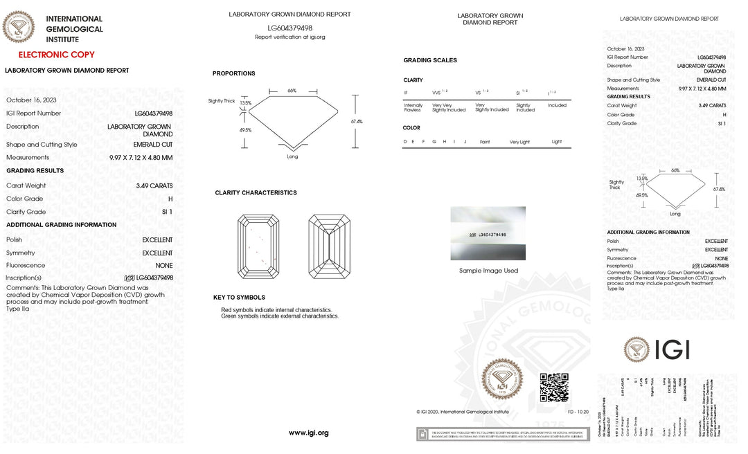 Diamant cultivé en laboratoire certifié IGI 3,49 CT H couleur SI1 taille émeraude