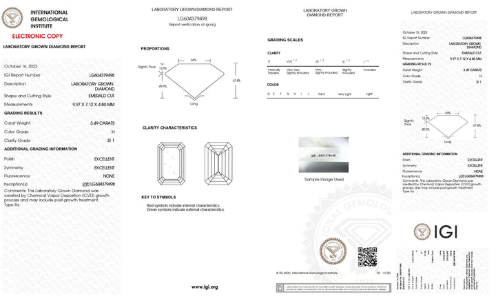 Diamant cultivé en laboratoire certifié IGI 3,49 CT H couleur SI1 taille émeraude