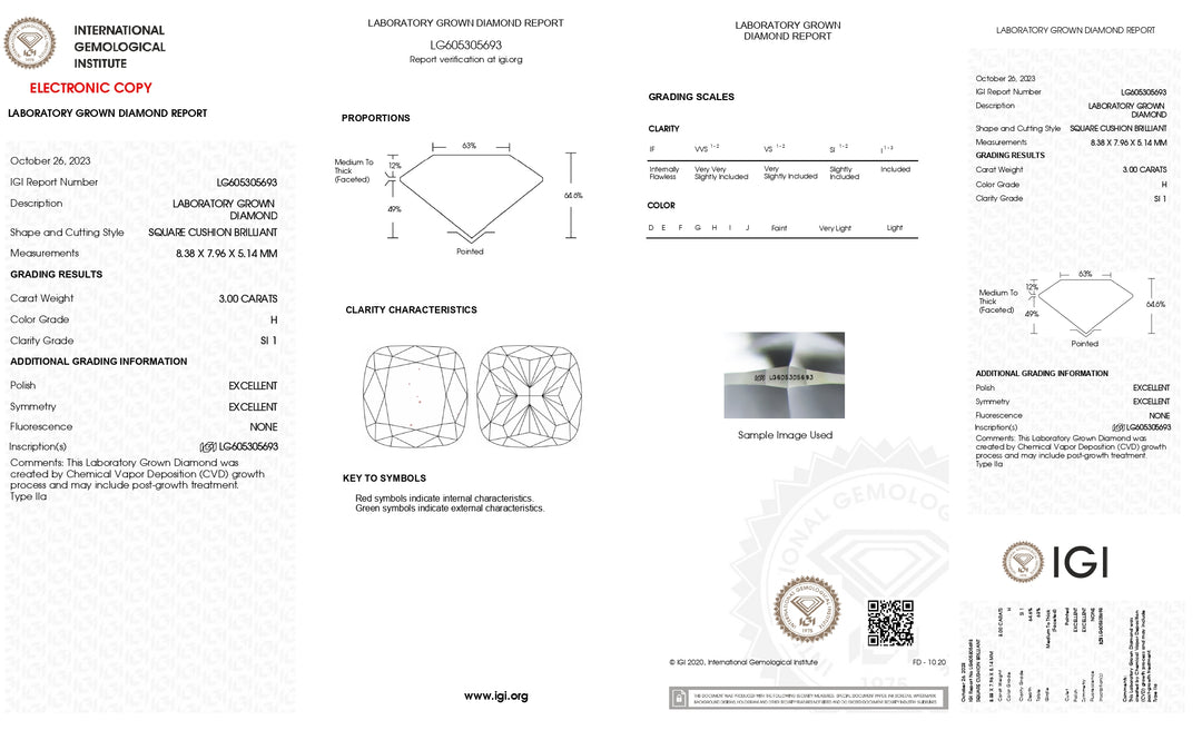 Diamant exquis cultivé en laboratoire, taille coussin, 3,00 ct, certifié IGI, clarté SI1, couleur H