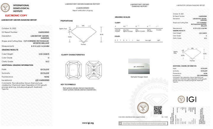 IGI-zertifizierter 2,00 Karat Radiant-Schliff-Labordiamant: Farbqualität H, Reinheit VS2