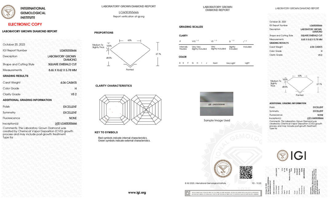 Diamant cultivé en laboratoire, taille émeraude carrée, certifié IGI, 4,06 ct (VS2, couleur H)