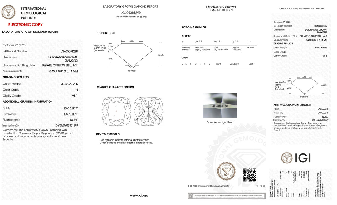 IGI Certified 3.03 CT Cushion Cut Lab Grown Diamond - VS1 Clarity, H Color