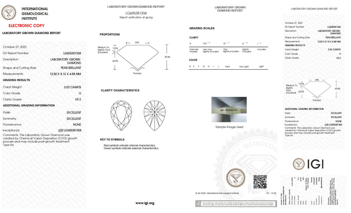 Diamant cultivé en laboratoire certifié IGI 3,02 CT taille poire - Clarté VS2, couleur H