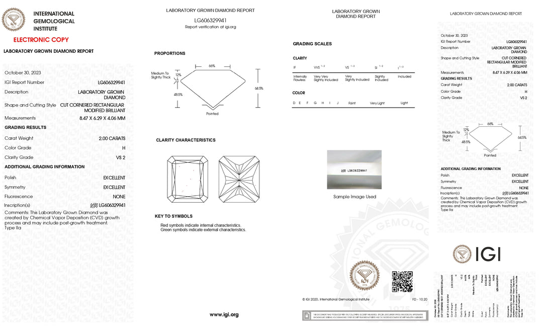 IGI Certified 2.00 CT Radiant Cut Lab Grown Diamond: H Color, VS2 Clarity