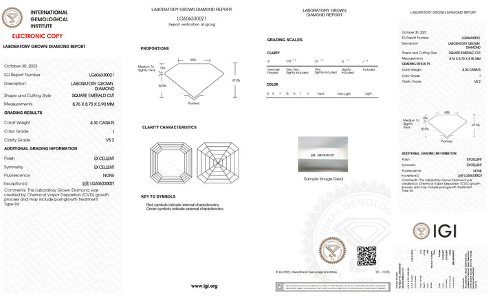 Diamant cultivé en laboratoire, taille émeraude carrée, certifié IGI, 4,30 ct (VS2, couleur I)