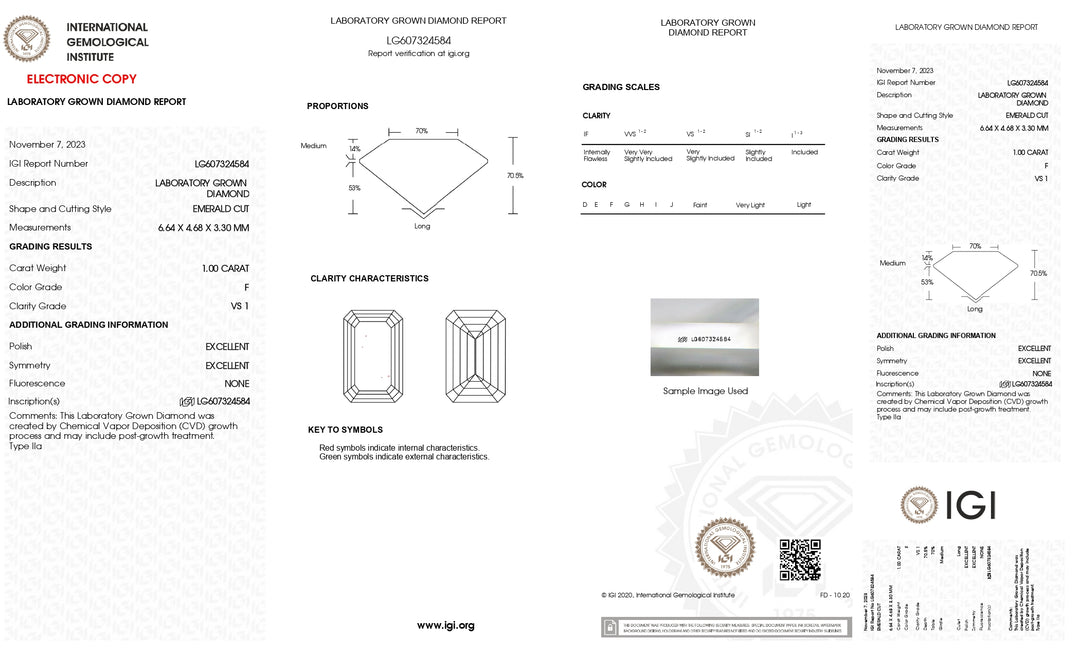 Diamant cultivé en laboratoire certifié IGI 1,00 CT taille émeraude - Clarté VS1, superbe couleur F