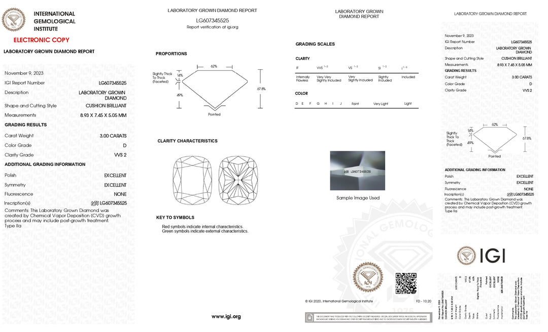 IGI Certified 3.00 CT Long Cushion Cut Lab-Grown Diamond: D Color, VVS2 Clarity