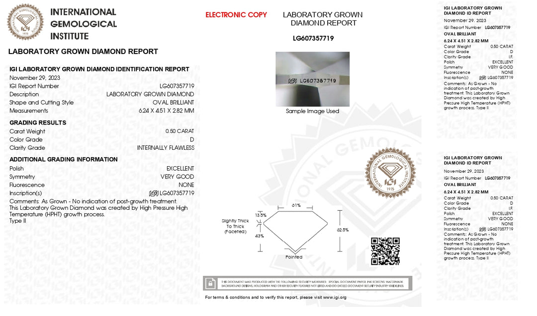 IGI -sertifisert 0,50 CT Oval Cut Lab Grown Diamond - D -farge, internt feilfri