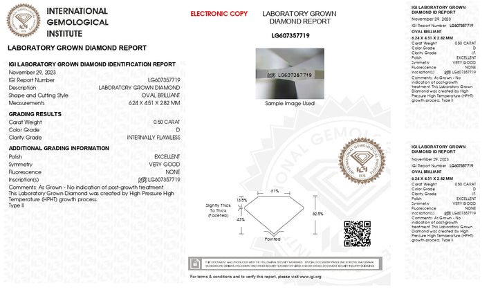 Сертифицирован IGI 0,50 CT Oval Cut Lab, выращенные бриллианты - D, внутренне безупречный