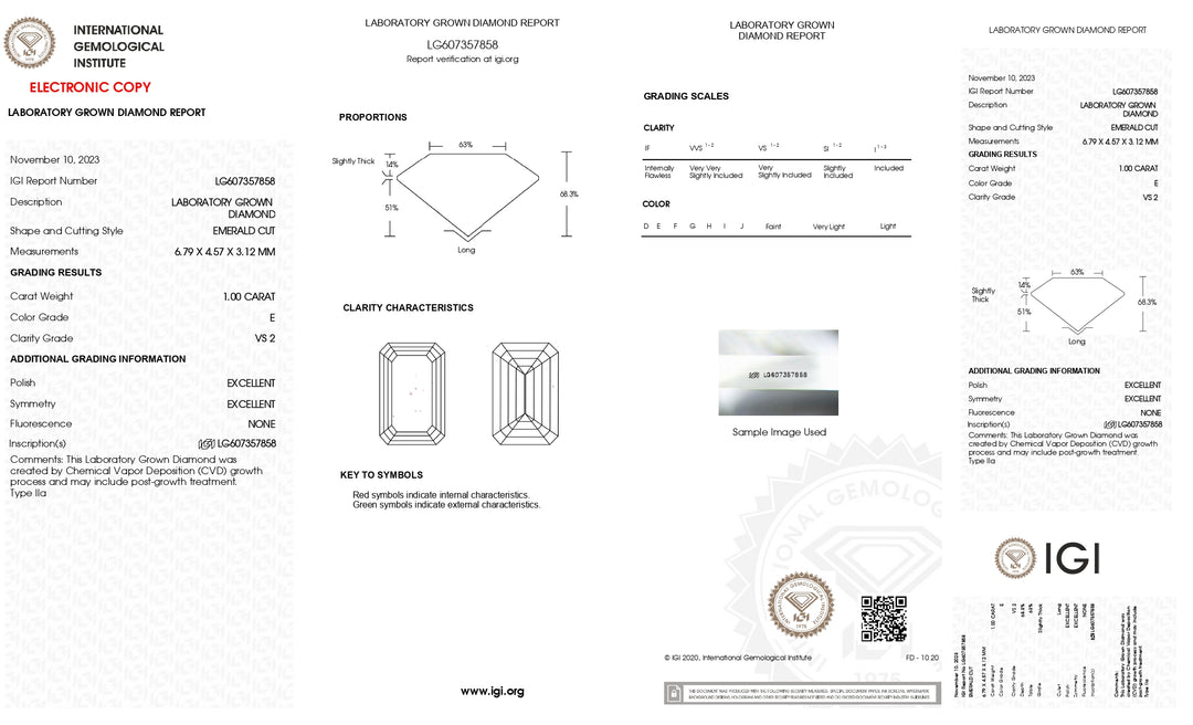 Diamant cultivé en laboratoire, taille émeraude, certifié IGI, 1,00 ct, couleur E, superbe clarté VS2