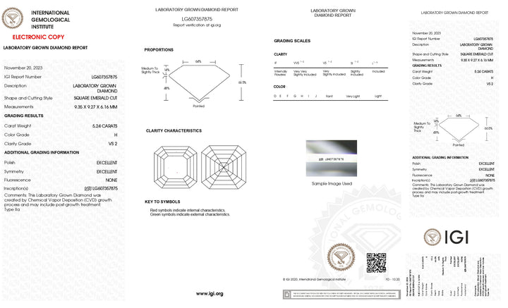 Diamant taille émeraude carré cultivé en laboratoire de 5,24 ct certifié IGI (VS2, couleur H)