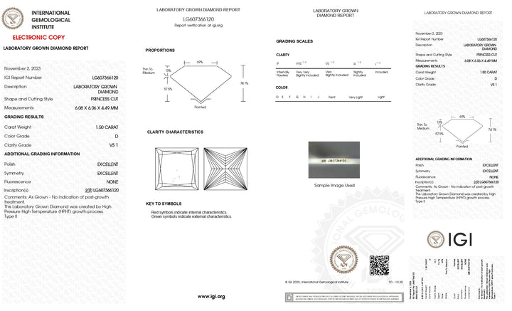 IGI Certified 1.50 CT Princess Cut Lab Grown Diamond - D Color, Exquisite VS1 Clarity