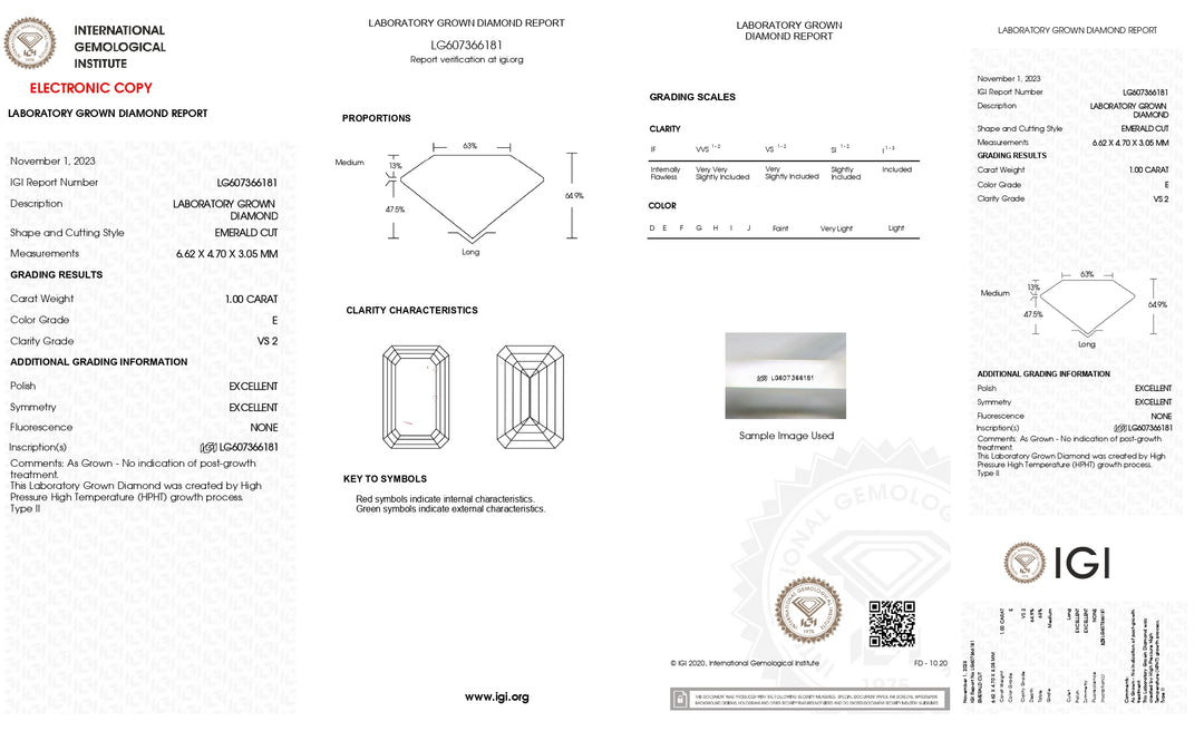 IGI Certified 1.00 CT Emerald Cut Lab Grown