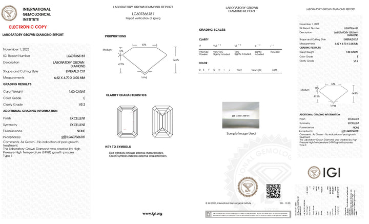 Diamant cultivé en laboratoire, taille émeraude, certifié IGI, 1,00 ct, couleur E, clarté VS2 éblouissante