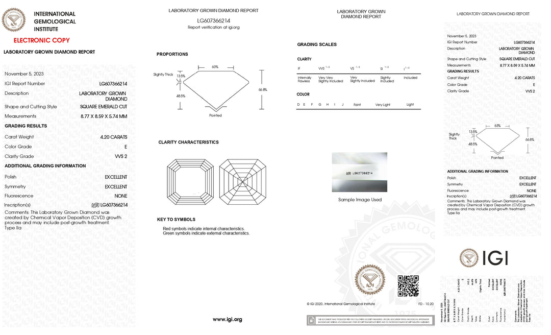 IGI-zertifizierter, 4,20 Karat schwerer, quadratischer Smaragdschliff-Labordiamant (VVS2, Farbe E)