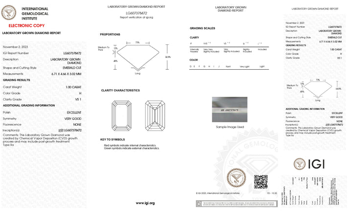 Diamant cultivé en laboratoire certifié IGI 1,00 CT taille émeraude - Clarté VS1, couleur H radiante