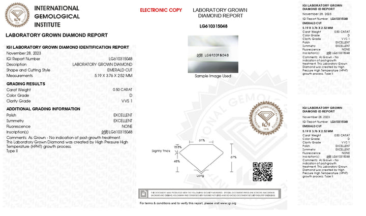 Ослепительный 0,50 CT Emerald Cut лаборатория выращенная бриллиантовая - IGI Certified, Vvs1 Clarity, D Color