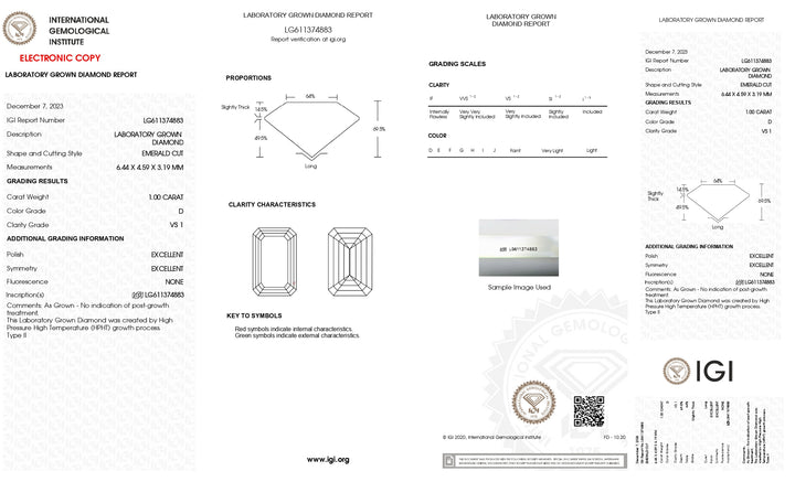 Diamant cultivé en laboratoire certifié IGI 1,00 CT taille émeraude - Clarté VS1 exquise, couleur D