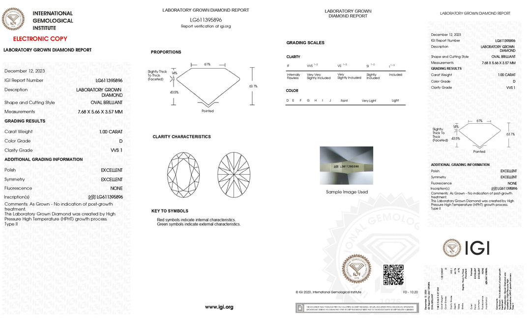 IGI gecertificeerd 1,00 CT Oval Lab Gegroeide diamant - D kleur, VVS1 Clarity