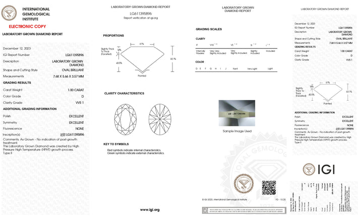 IGI -sertifisert 1,00 CT Oval Lab vokst diamant - D Farge, VVS1 klarhet