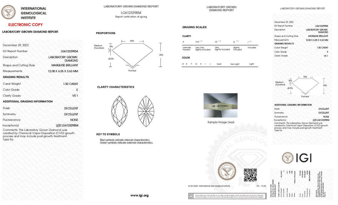 Diamant cultivé en laboratoire certifié IGI 1,50 CT taille marquise | Clarté VS1 | Couleur E