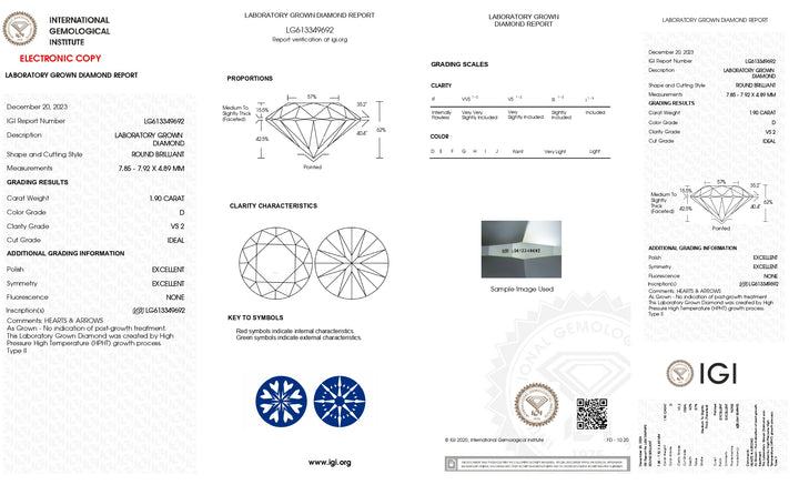 IGI-zertifizierter 1,90-Karat-Labordiamant im Rundschliff, Farbe D, Reinheit VS2, idealer Schliff