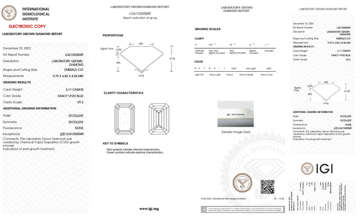 IGI Certified 3.11 CT Emerald Cut Lab Grown Diamond - Fancy Vivid Blue Color, VS2 Clarity