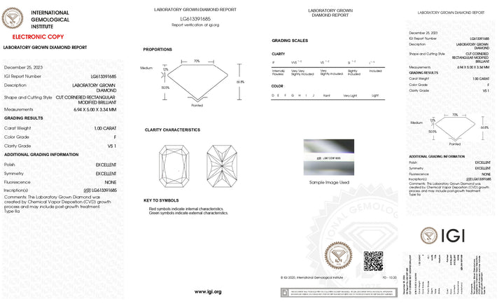 Diamant cultivé en laboratoire certifié IGI 1,00 CT taille radiante | Clarté VS1 | Couleur F