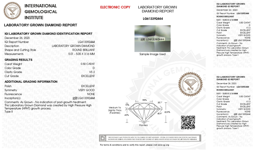 IGI מוסמך 0.50 CT עגול עגול עגול יהלום מעבדה | צבע D, VS2 בהירות