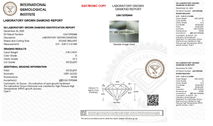 IGI certificeret 0,50 ct rundskåret lab-dyrket diamant | D farve, VS2 klarhed